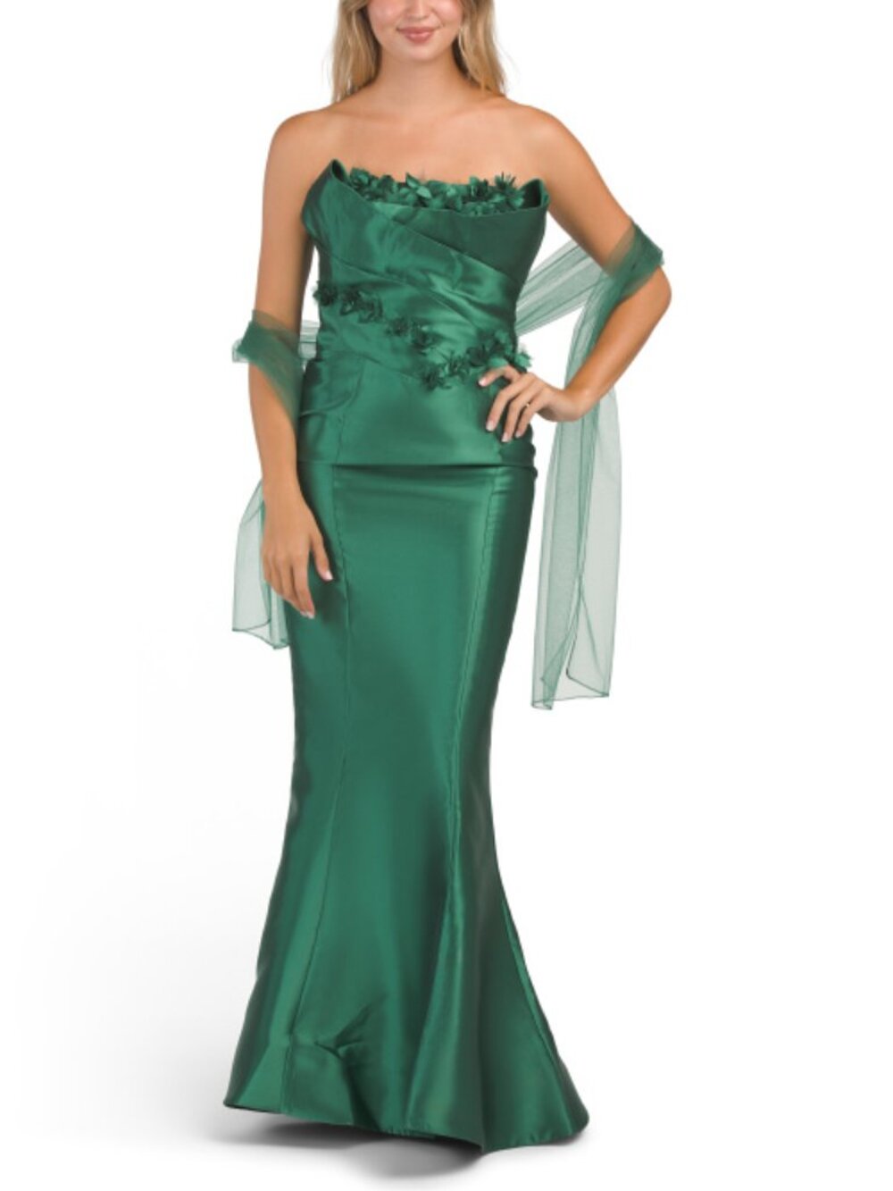 TERANI COUTURE Strapless 3d Floral Mikado Gown